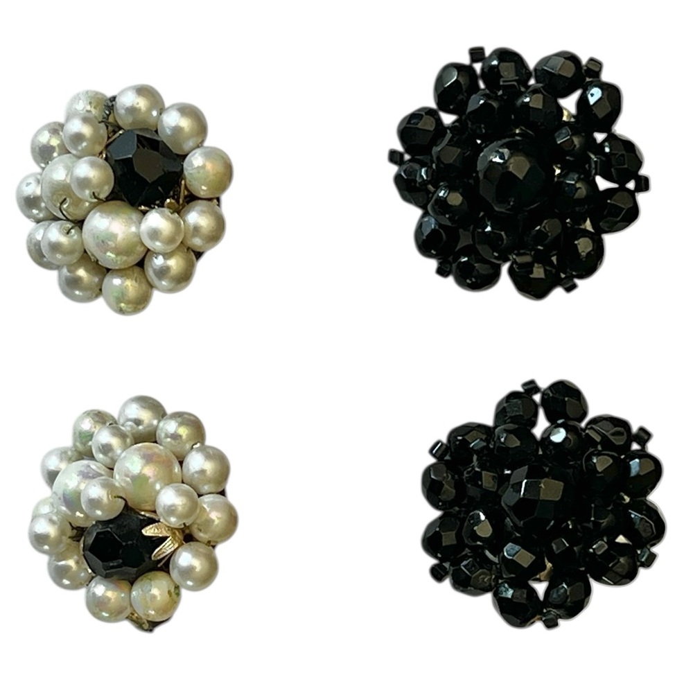2 Pairs MCM Japan Clip-On Faux Pearl and Black & Faceted West Germany Earrings